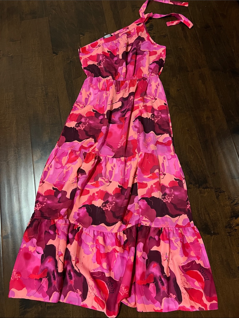 One-Shoulder Pink Tiered Maxi Dress